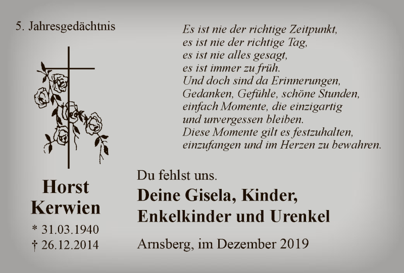  Traueranzeige für Horst Kerwien vom 28.12.2019 aus MZV