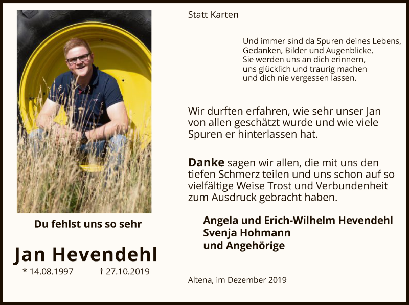  Traueranzeige für Jan Hevendehl vom 20.12.2019 aus MZV