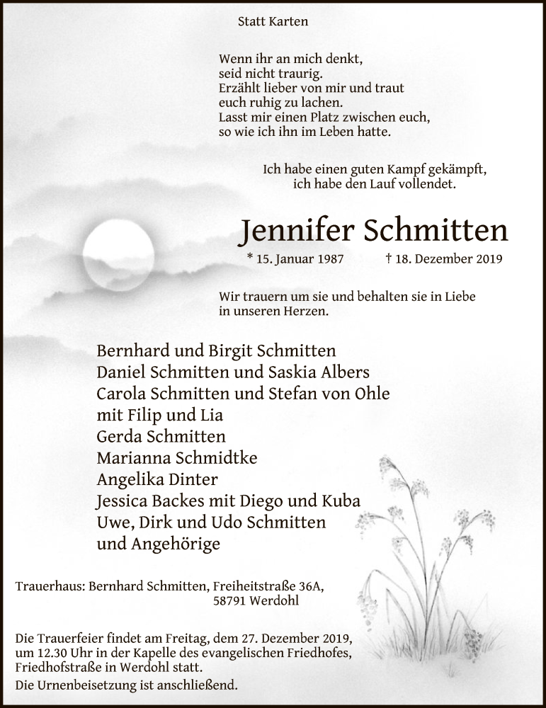 Traueranzeige für Jennifer Schmitten vom 21.12.2019 aus MZV