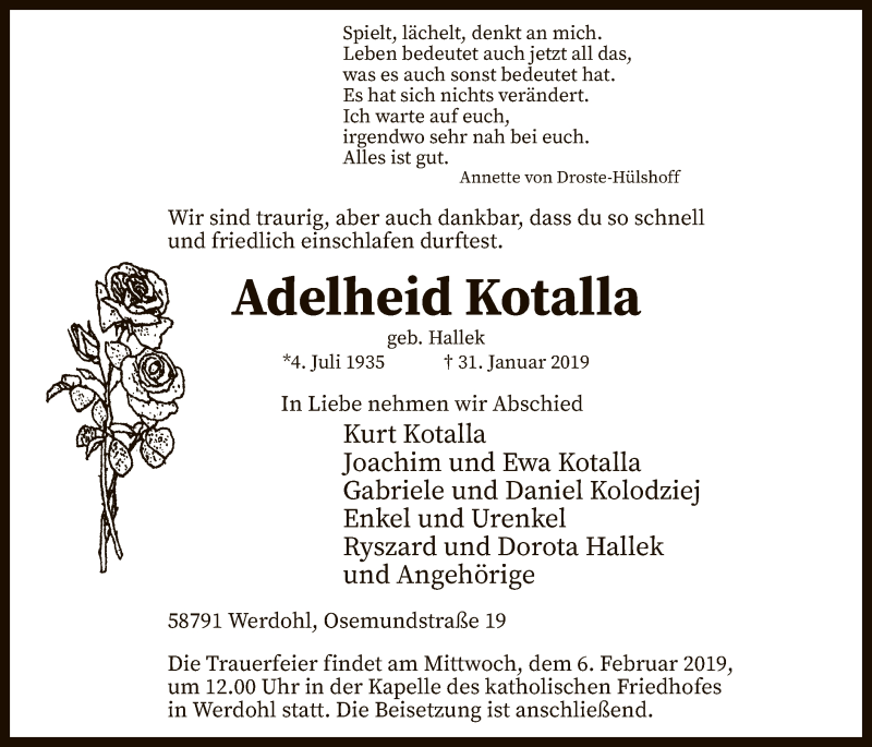  Traueranzeige für Adelheid Kotalla vom 02.02.2019 aus MZV