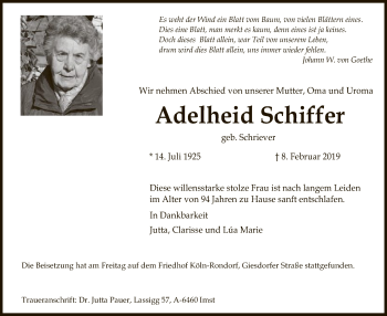 Traueranzeige von Adelheid Schiffer von MZV