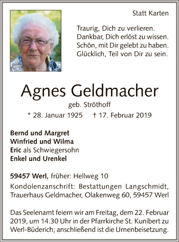 Traueranzeige von Agnes Geldmacher von MZV
