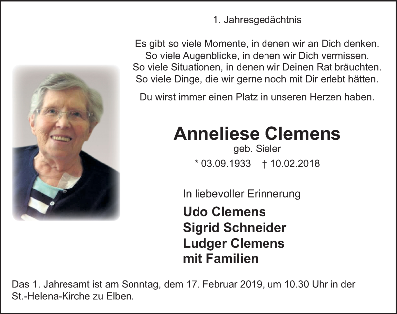  Traueranzeige für Anneliese Clemens vom 13.02.2019 aus HSK
