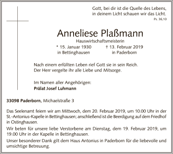 Traueranzeige von Anneliese Plaßmann von MZV