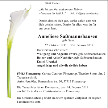 Traueranzeige von Anneliese Saßmannshausen von HSK