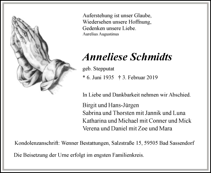  Traueranzeige für Anneliese Schmidts vom 09.02.2019 aus MZV
