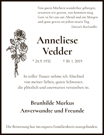 Traueranzeige von Anneliese Vedder von MZV