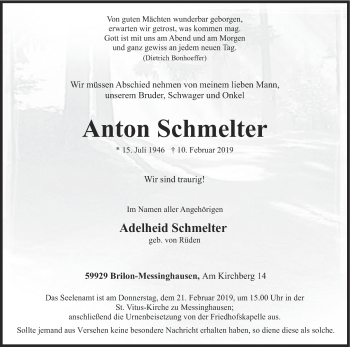 Traueranzeige von Anton Schmelter von HSK