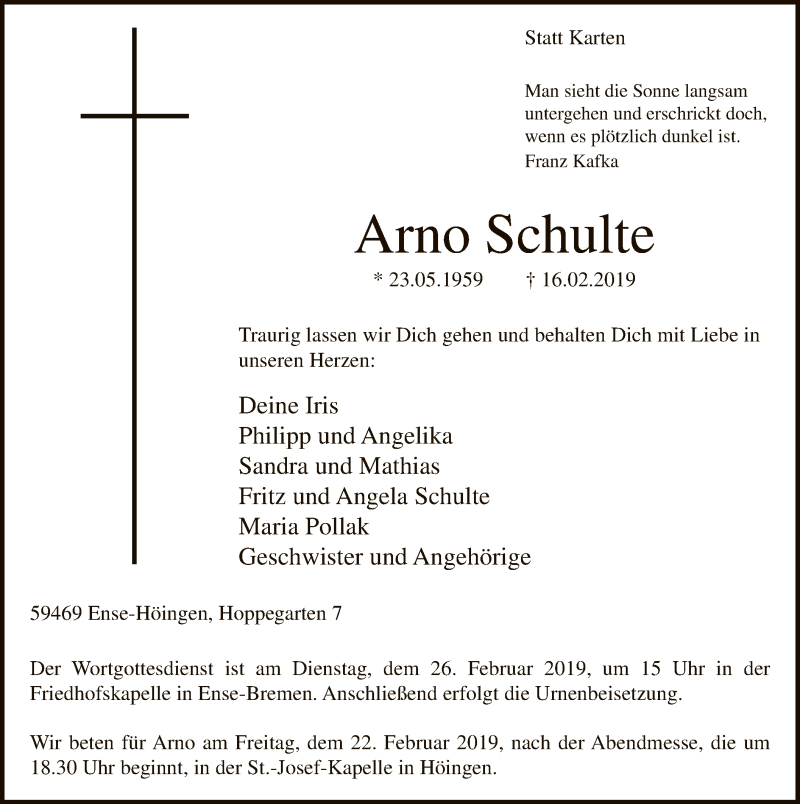  Traueranzeige für Arno Schulte vom 20.02.2019 aus MZV