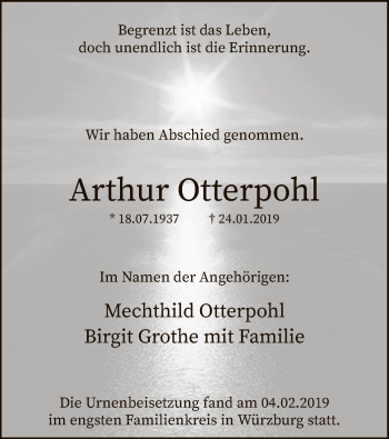 Traueranzeige von Arthur Otterpohl von MZV