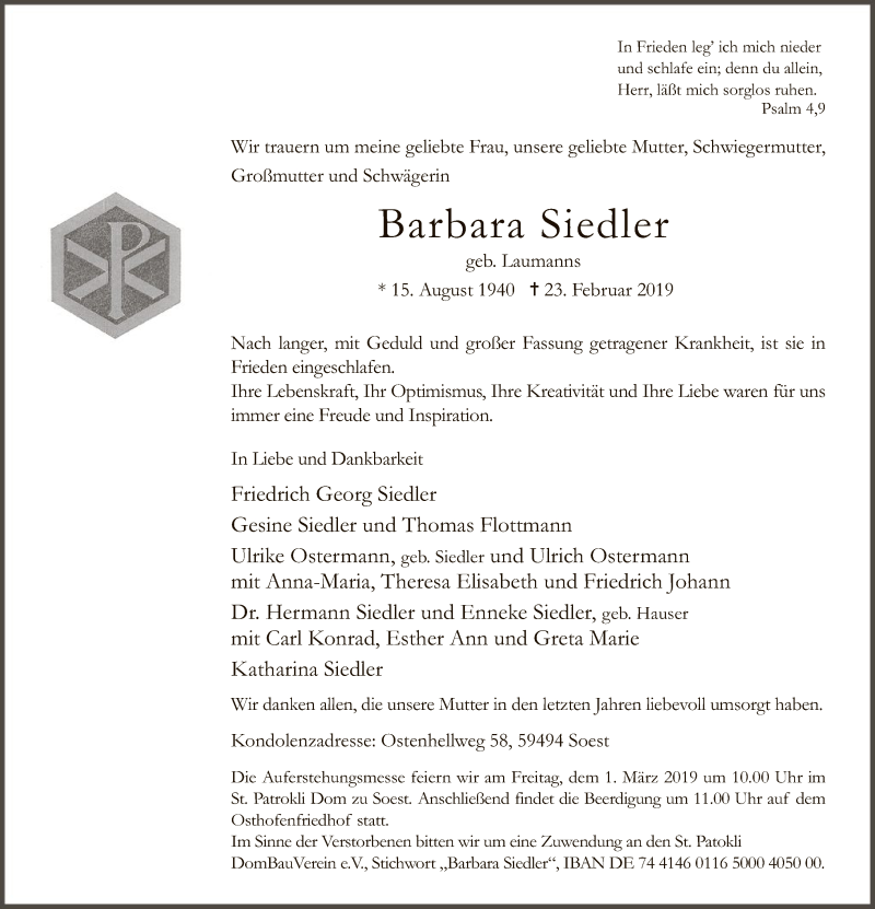  Traueranzeige für Barbara Siedler vom 27.02.2019 aus MZV