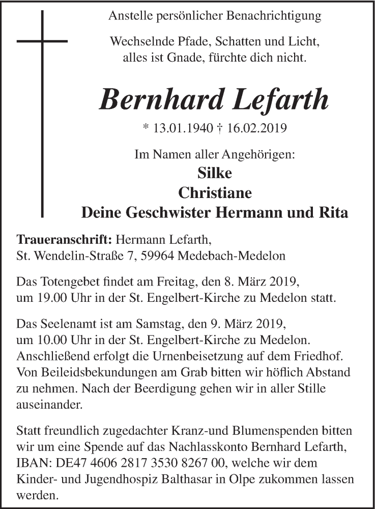  Traueranzeige für Bernhard Lefarth vom 23.02.2019 aus HSK
