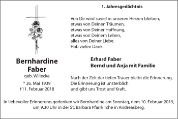 Traueranzeige von Bernhardine Faber von HSK