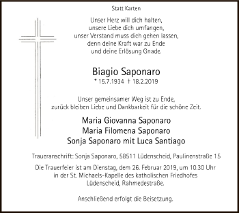 Traueranzeige von Biagio Saponaro von MZV