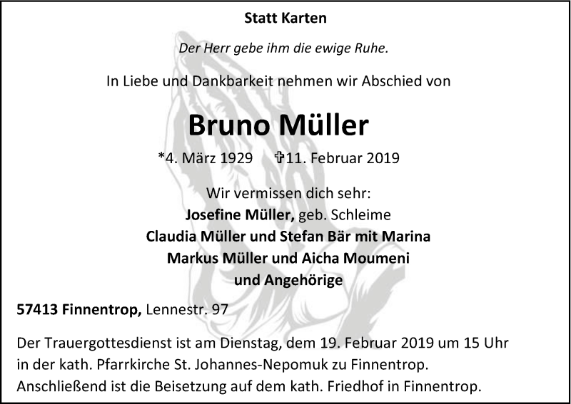  Traueranzeige für Bruno Müller vom 16.02.2019 aus HSK