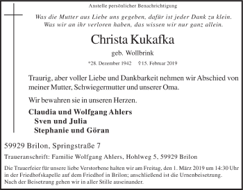 Traueranzeige von Christa Kukafka von HSK