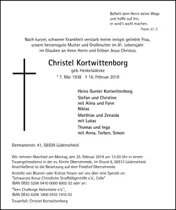 Traueranzeige von Christel Kortwittenborg von MZV
