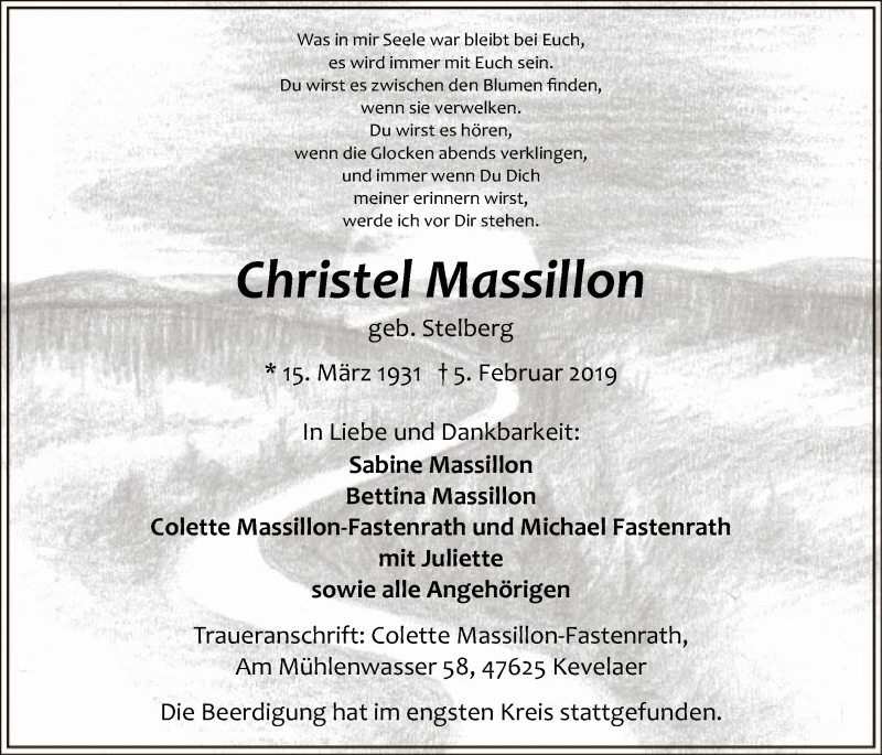  Traueranzeige für Christel Massillon vom 13.02.2019 aus MZV