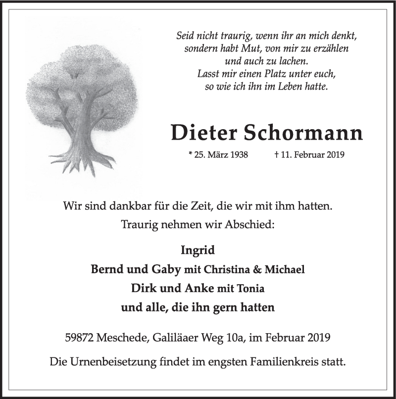  Traueranzeige für Dieter Schormann vom 16.02.2019 aus HSK