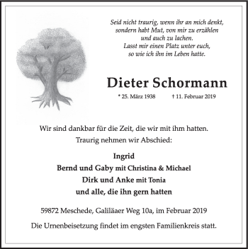 Traueranzeige von Dieter Schormann von HSK