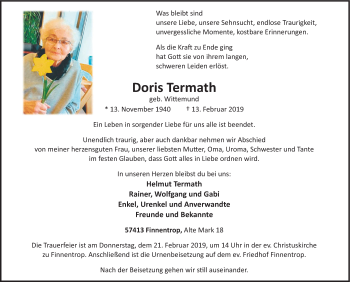 Traueranzeige von Doris Termath von HSK