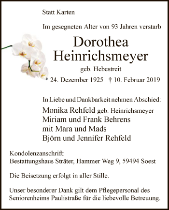 Traueranzeige von Dorothea Heinrichsmeyer von MZV