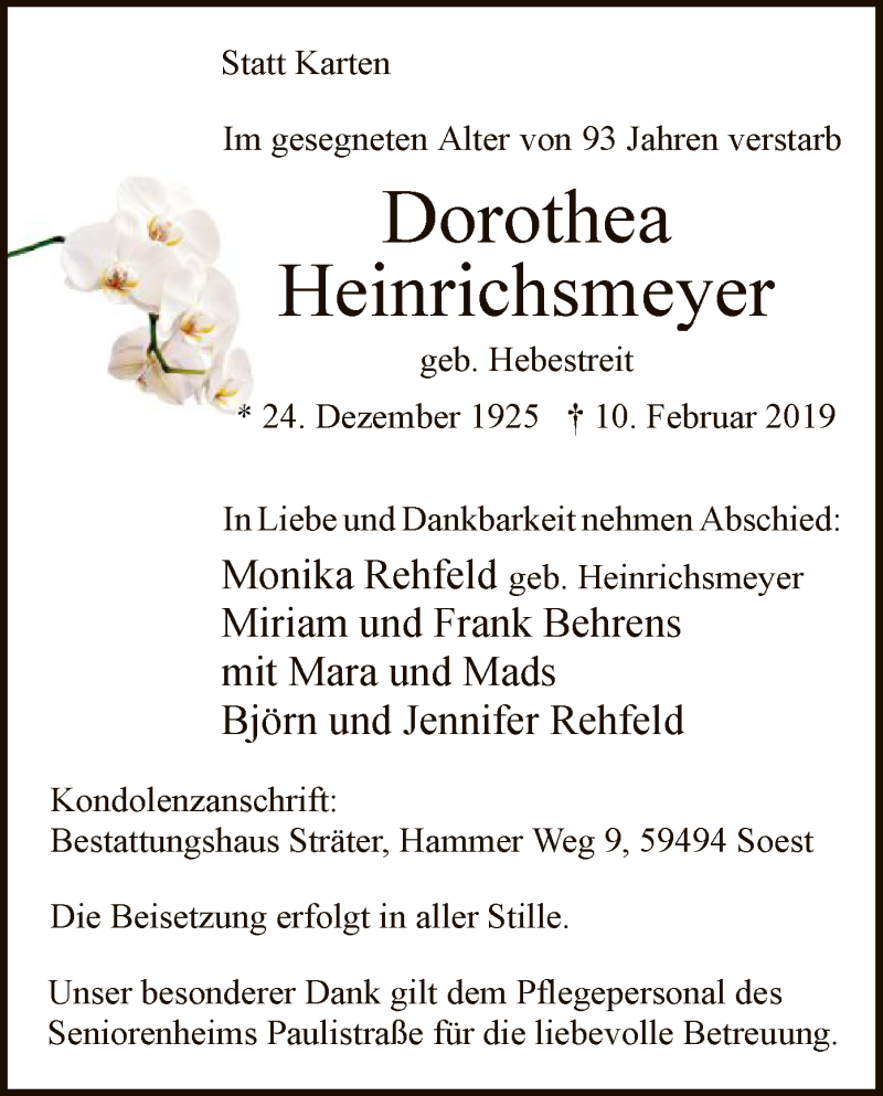  Traueranzeige für Dorothea Heinrichsmeyer vom 16.02.2019 aus MZV