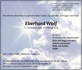 Traueranzeige von Eberhard Wolf von MZV
