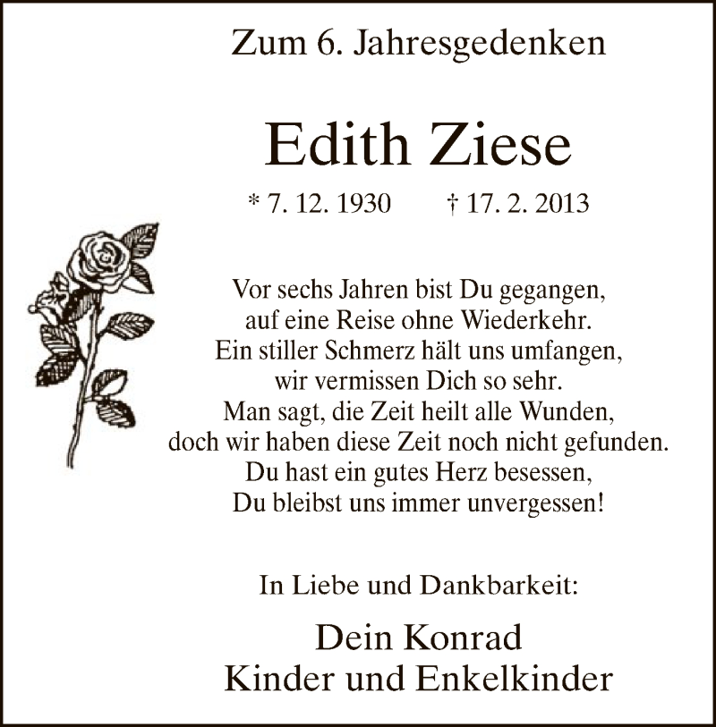  Traueranzeige für Edith Ziese vom 18.02.2019 aus MZV