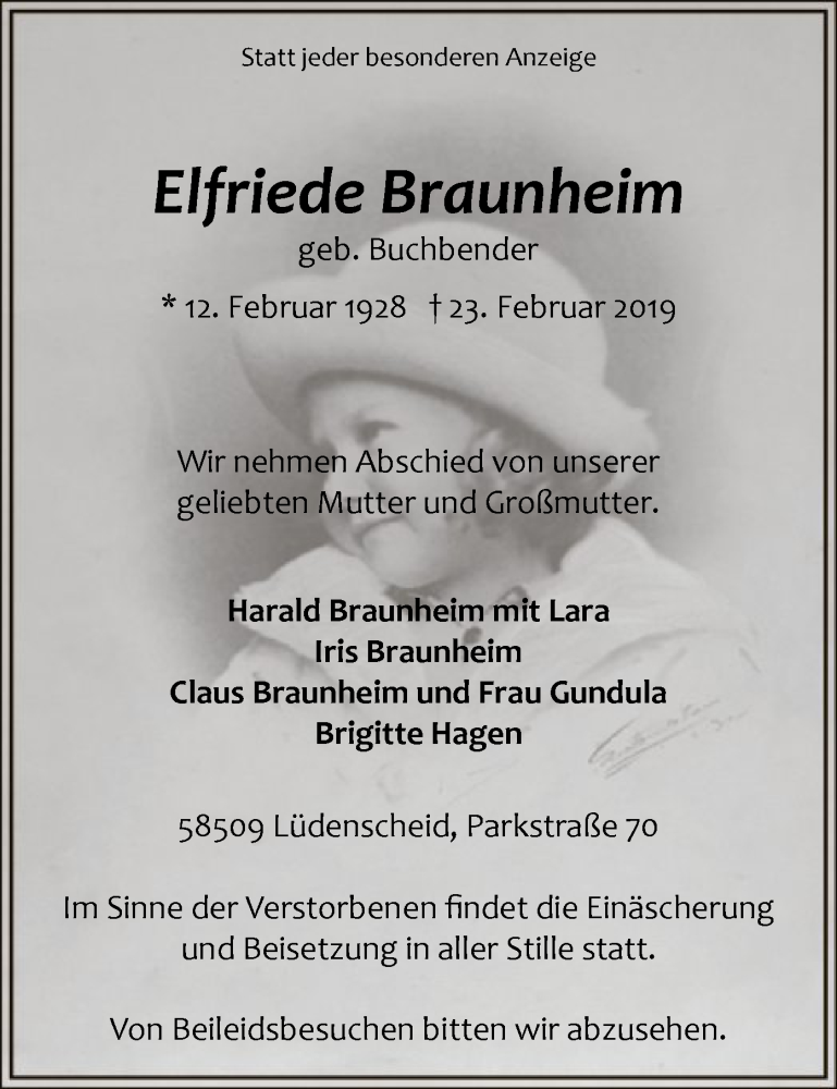 Traueranzeige für Elfriede Braunheim vom 26.02.2019 aus MZV