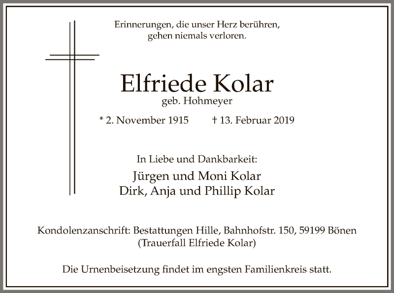 Traueranzeigen Von Elfriede Kolar Trauer Nrw