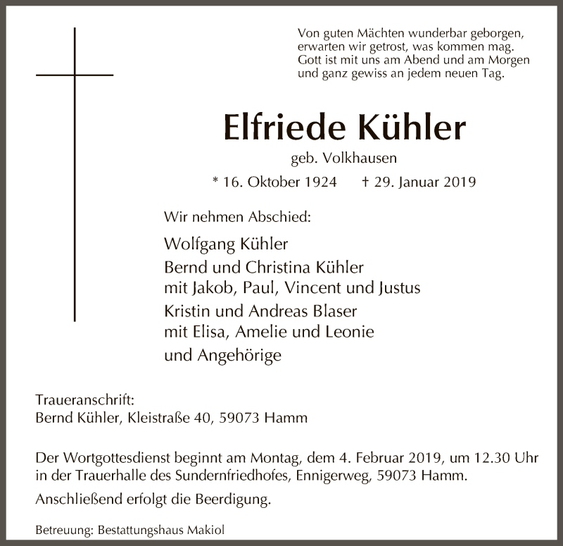  Traueranzeige für Elfriede Kühler vom 01.02.2019 aus MZV