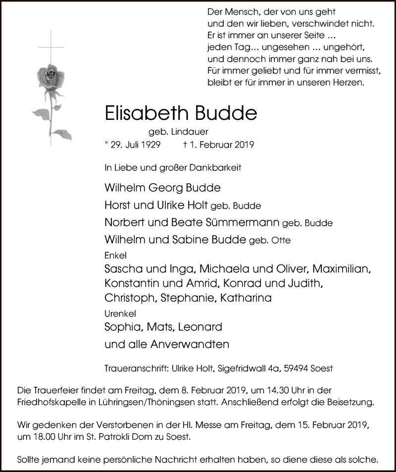  Traueranzeige für Elisabeth Budde vom 05.02.2019 aus MZV