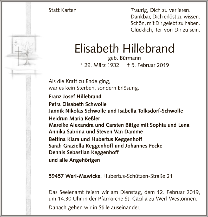  Traueranzeige für Elisabeth Hillebrand vom 06.02.2019 aus MZV