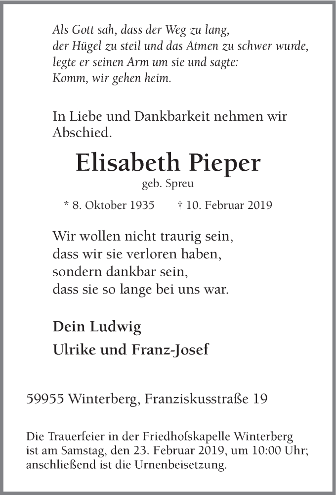 Traueranzeige für Elisabeth Pieper vom 16.02.2019 aus HSK