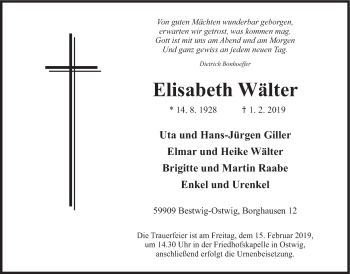 Traueranzeige von Elisabeth Wälter von HSK