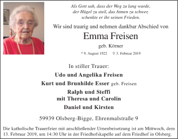 Traueranzeige von Emma Freisen von HSK