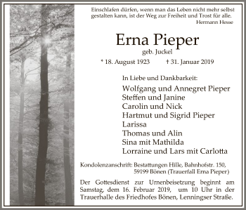 Traueranzeige von Erna Pieper von MZV