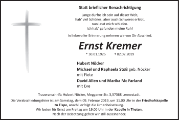 Traueranzeige von Ernst Kremer von HSK