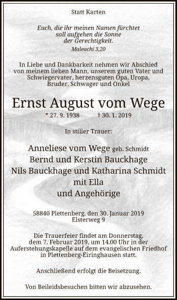 Traueranzeige von Ernst August vom Wege von MZV