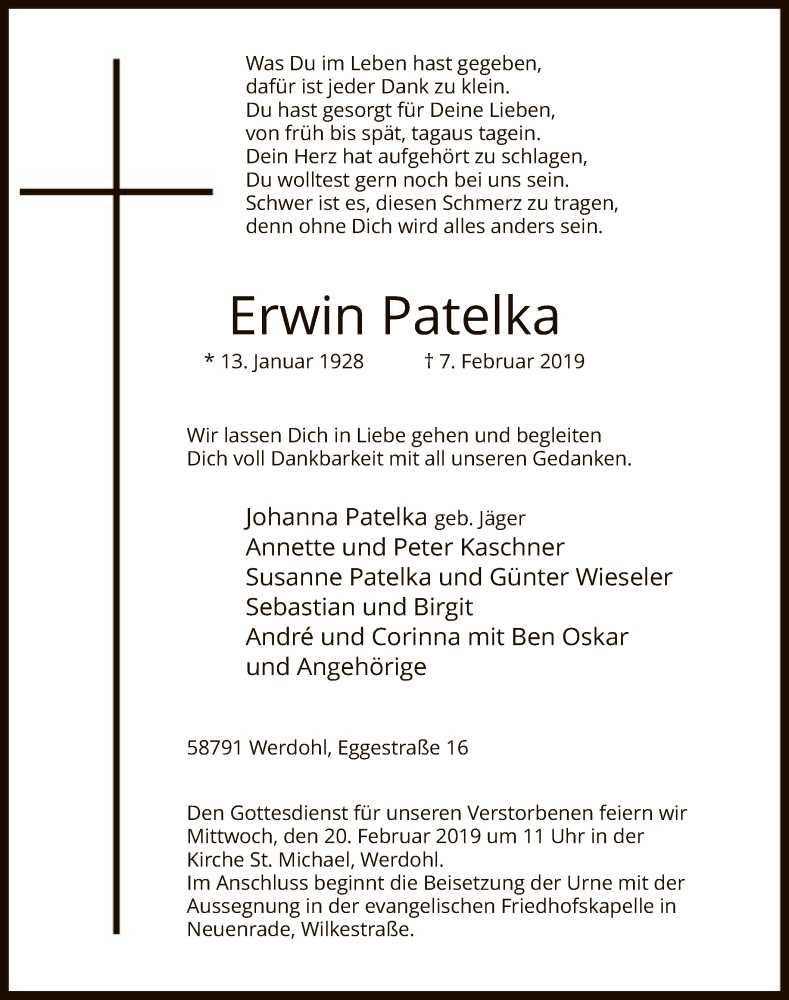  Traueranzeige für Erwin Patelka vom 16.02.2019 aus MZV