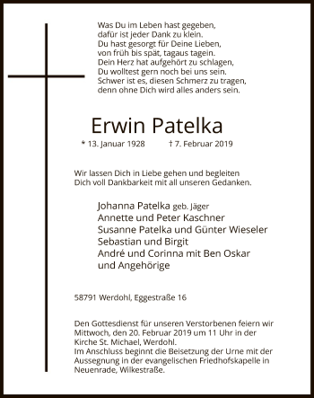 Traueranzeige von Erwin Patelka von MZV