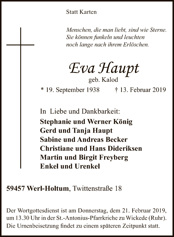  Traueranzeige für Eva Haupt vom 18.02.2019 aus MZV