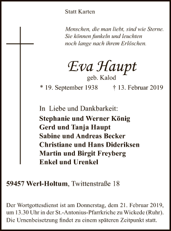 Traueranzeige von Eva Haupt von MZV