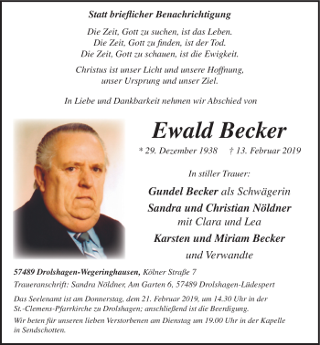 Traueranzeige von Ewald Becker von HSK
