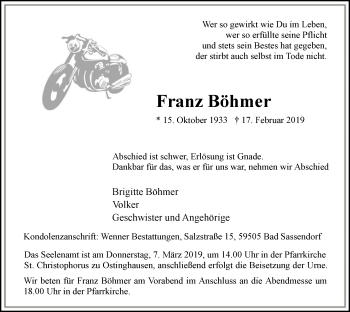 Traueranzeige von Franz Böhmer von MZV