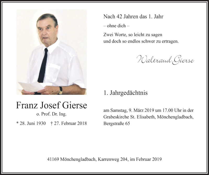  Traueranzeige für Franz Josef Gierse vom 23.02.2019 aus HSK
