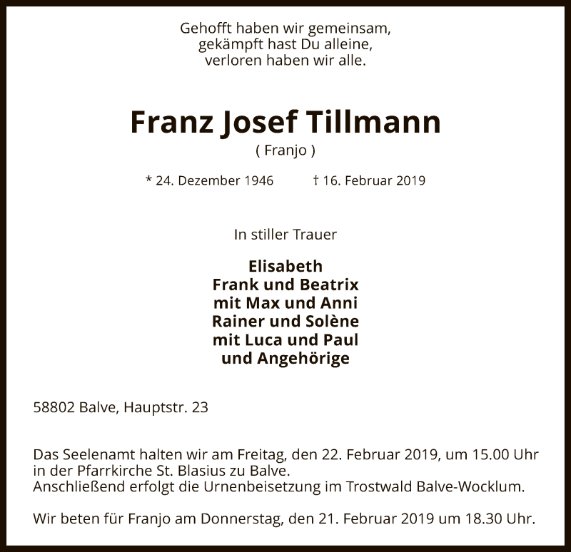  Traueranzeige für Franz Josef Tillmann vom 19.02.2019 aus MZV