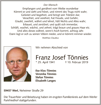 Traueranzeige von Franz Josef Tönnies von MZV