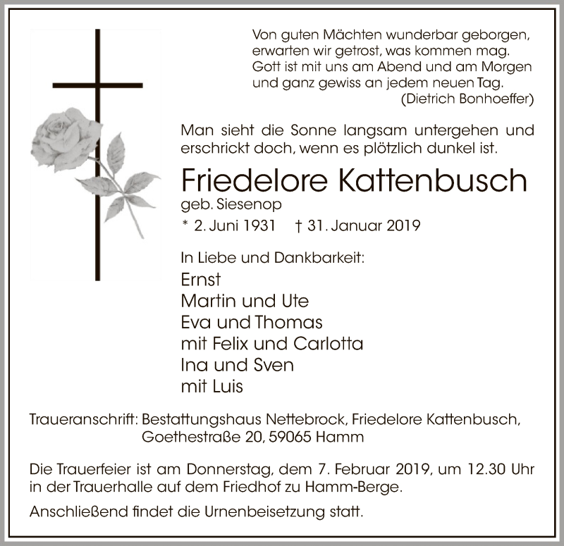  Traueranzeige für Friedelore Kattenbusch vom 02.02.2019 aus MZV